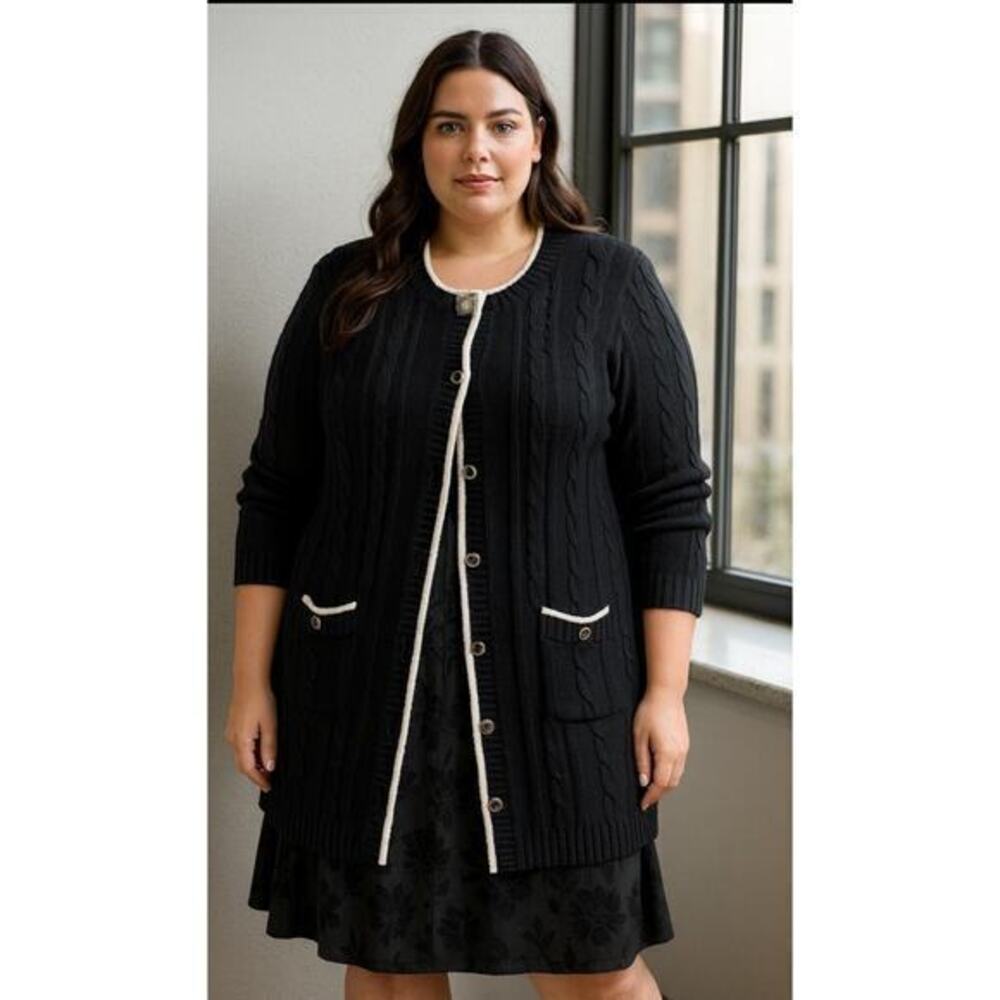 NWT Susan Graver Cardigan sweater ‎ XL Black White Trim Cable Knit Long Classic